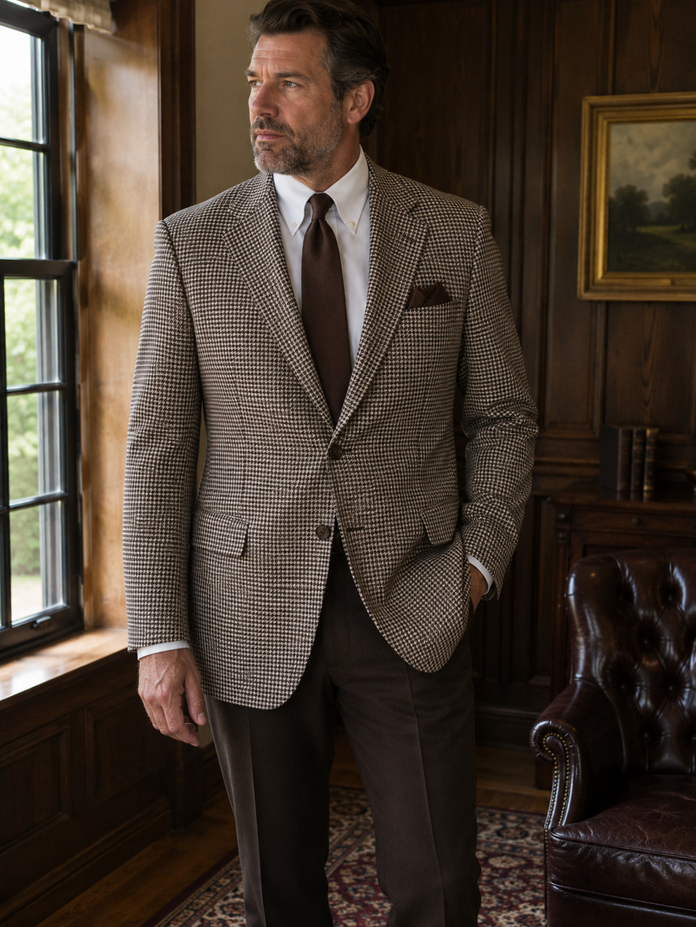 Jos A Bank 48R Sport Coat Houndstooth Silk Wool Linen Cashmere Brown Blazer